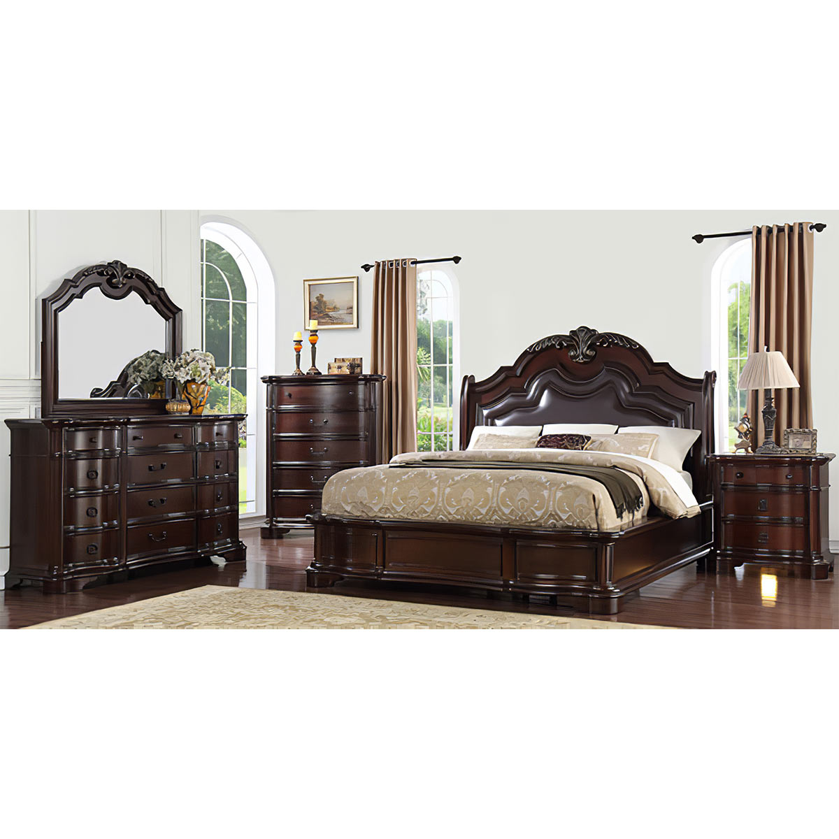 Avalon Lavon Lake Queen Upholstered Bed, Dresser, Mirror & Nightstand
