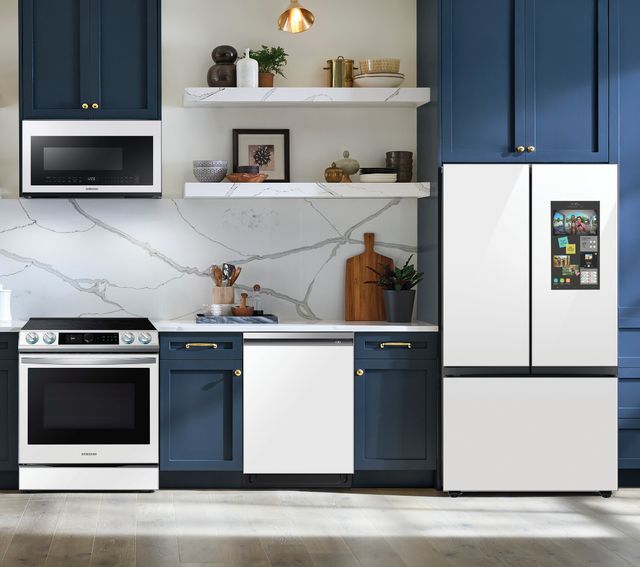 Samsung 5-Piece Kitchen Package with a 30 cu. ft. Smart BESPOKE 3-Door French Door Family Hub Refrigerator with Beverage Center PLUS FREE 10pc Luxury Cookware ($800 Value!) PLUS a FREE $200 Furniture Gift Card!