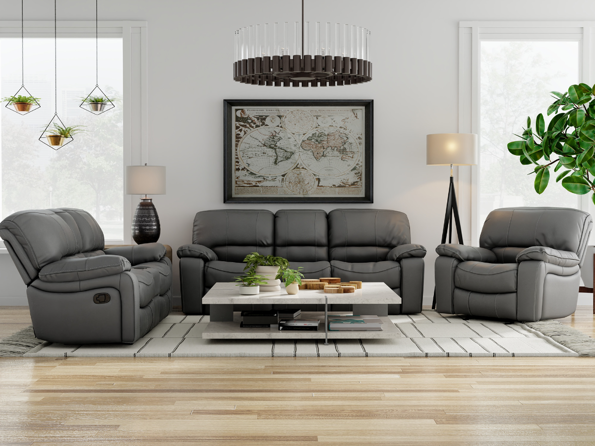 Grey leather sofa recliner shop set