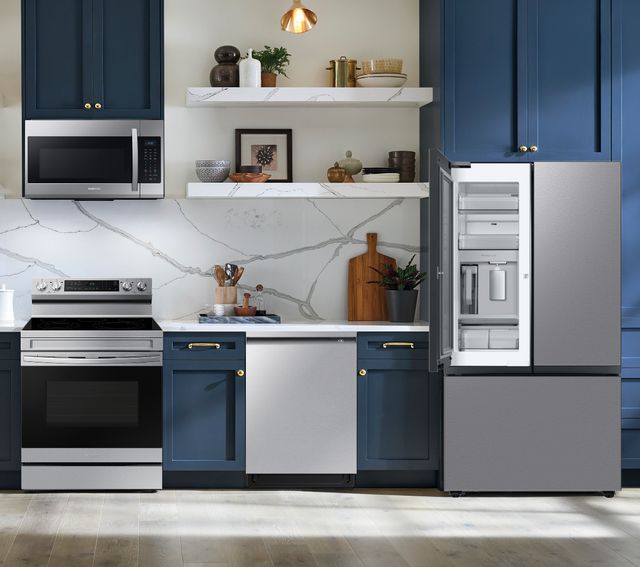 SAMSUNG 4 Piece Kitchen Package with a 30 cu. ft. 3-Door French Door refrigerator with Beverage Center and Dual Ice Maker PLUS a FREE 10pc Luxury Cookware Set! ($800 Value)