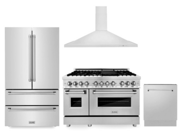 ZLINE Kitchen Package with Refrigeration, 48" Stainless Steel Dual Fuel Range, 48" Convertible Vent Range Hood and 24" Tall Tub Dishwasher-0