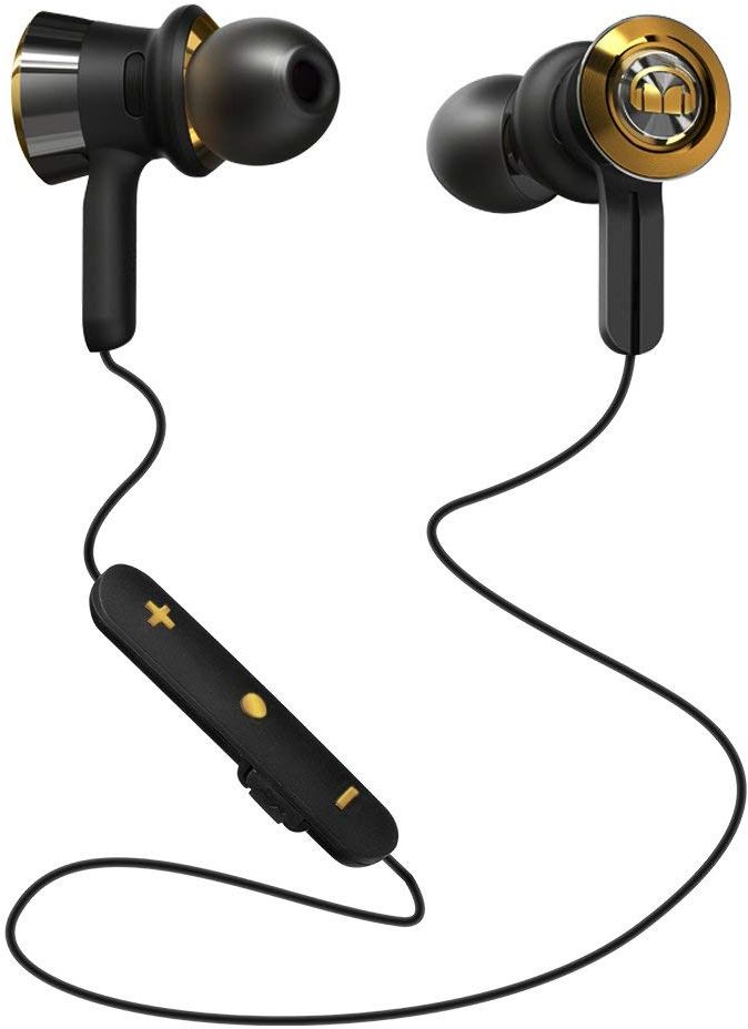 black and gold wireless earbuds