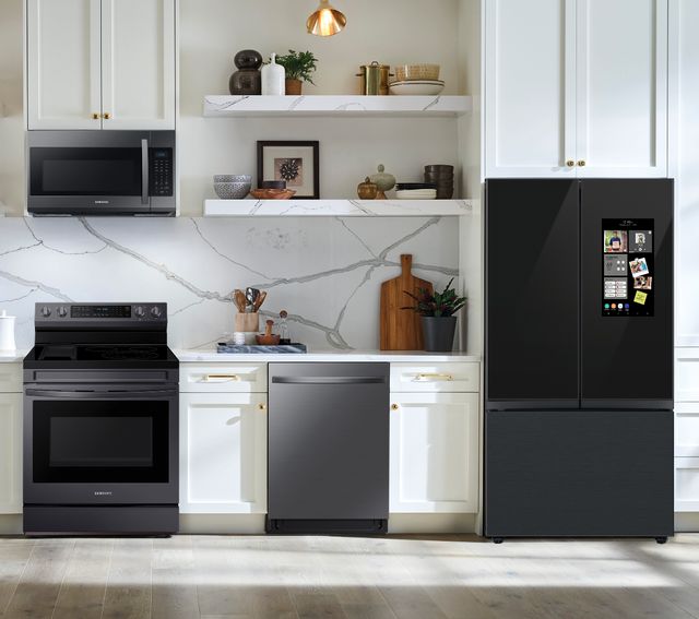 Samsung 4 Pc Kitchen Package with a 30 cu. ft. Smart BESPOKE 3-Door French Door Family Hub Refrigerator with Beverage Center PLUS a FREE 10pc Luxury Cookware Set! ($800 Value)