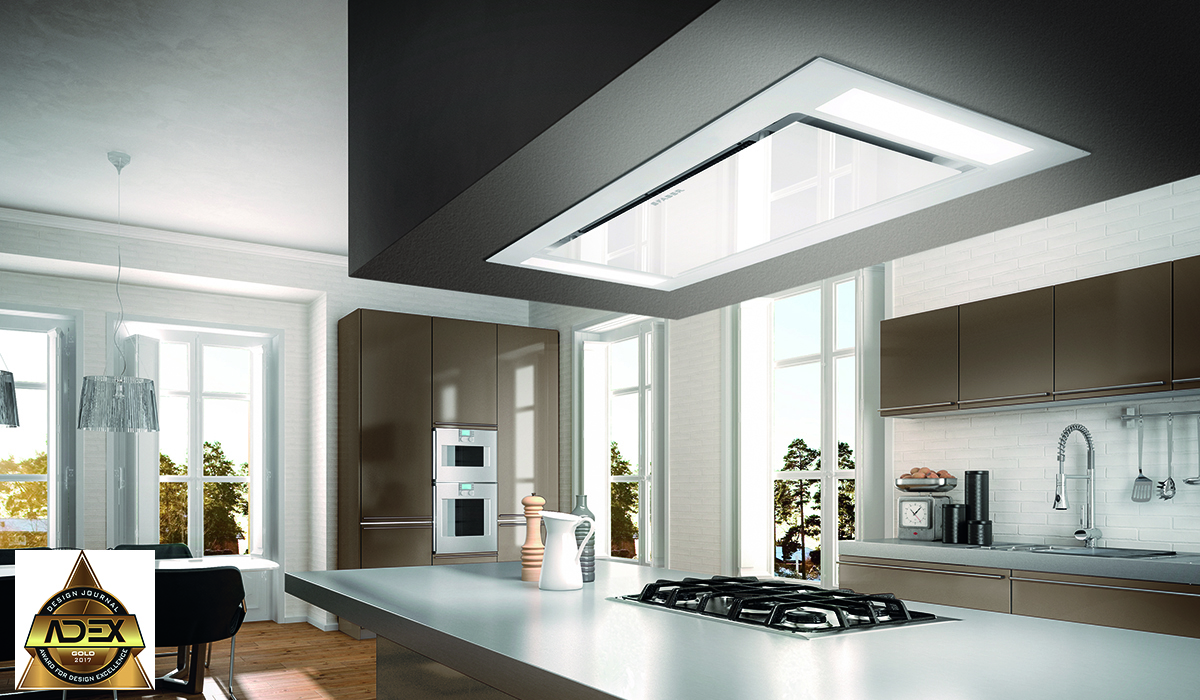 white ceiling mount range hood