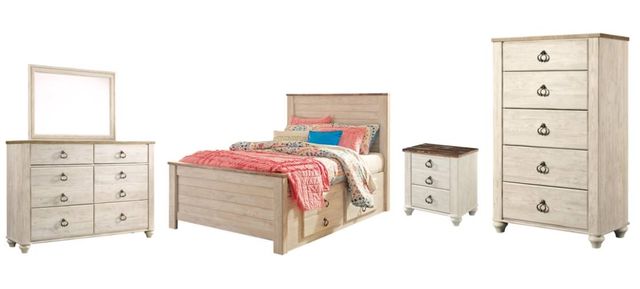 Signature Design by Ashley® Willowton 5-Piece Whitewash Full Youth Panel Storage Bed Set