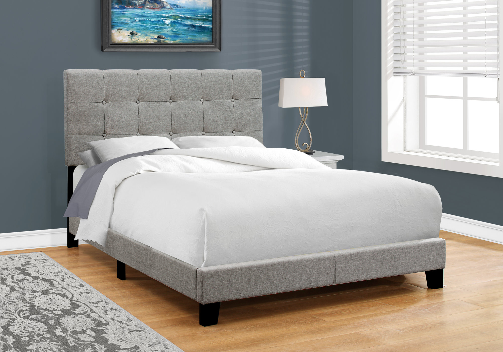 Bed, Full Size, Platform, Bedroom, Frame, Upholstered, Linen Look, Wood ...