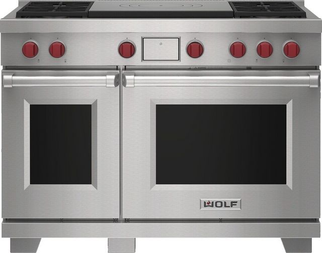 Wolf® 48" Stainless Steel Freestanding Dual Fuel Liquid Propane Range and French Top