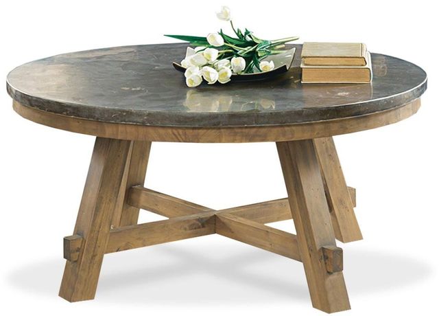 Riverside Furniture Weatherford Bluestone Round Coffee Table with Reclaimed Natural Pine Base-0