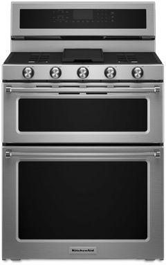 KitchenAid® 30" Free Standing Gas Double Oven Range-Stainless Steel-KFGD500ESS
