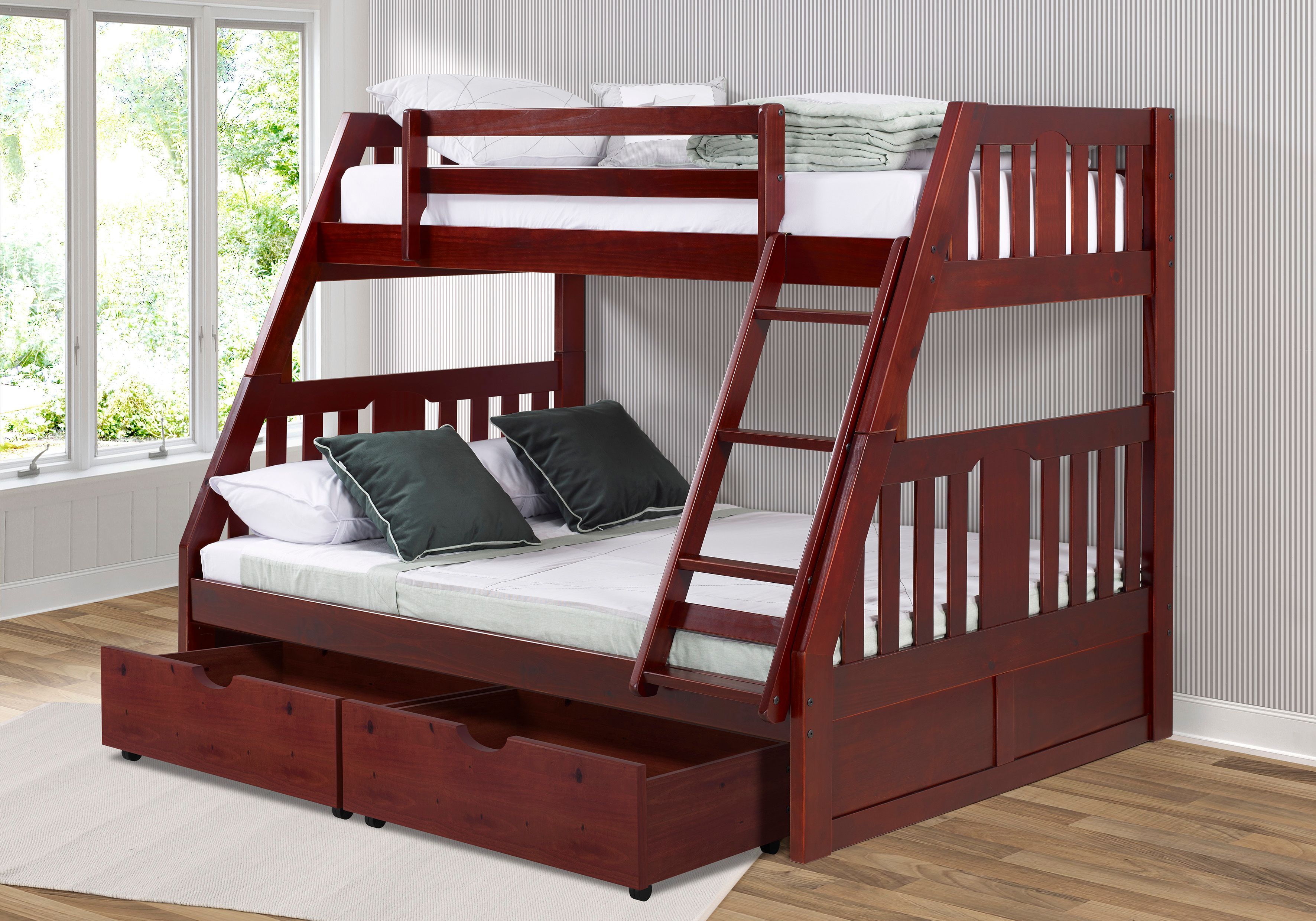 Donco Trading Company Merlot Twin Over Full Mission Bunk Bed with Dual Drawers