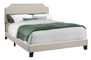 Bed, Queen Size, Platform, Bedroom, Frame, Upholstered, Linen Look, Wood Legs, Beige, Black, Transitional