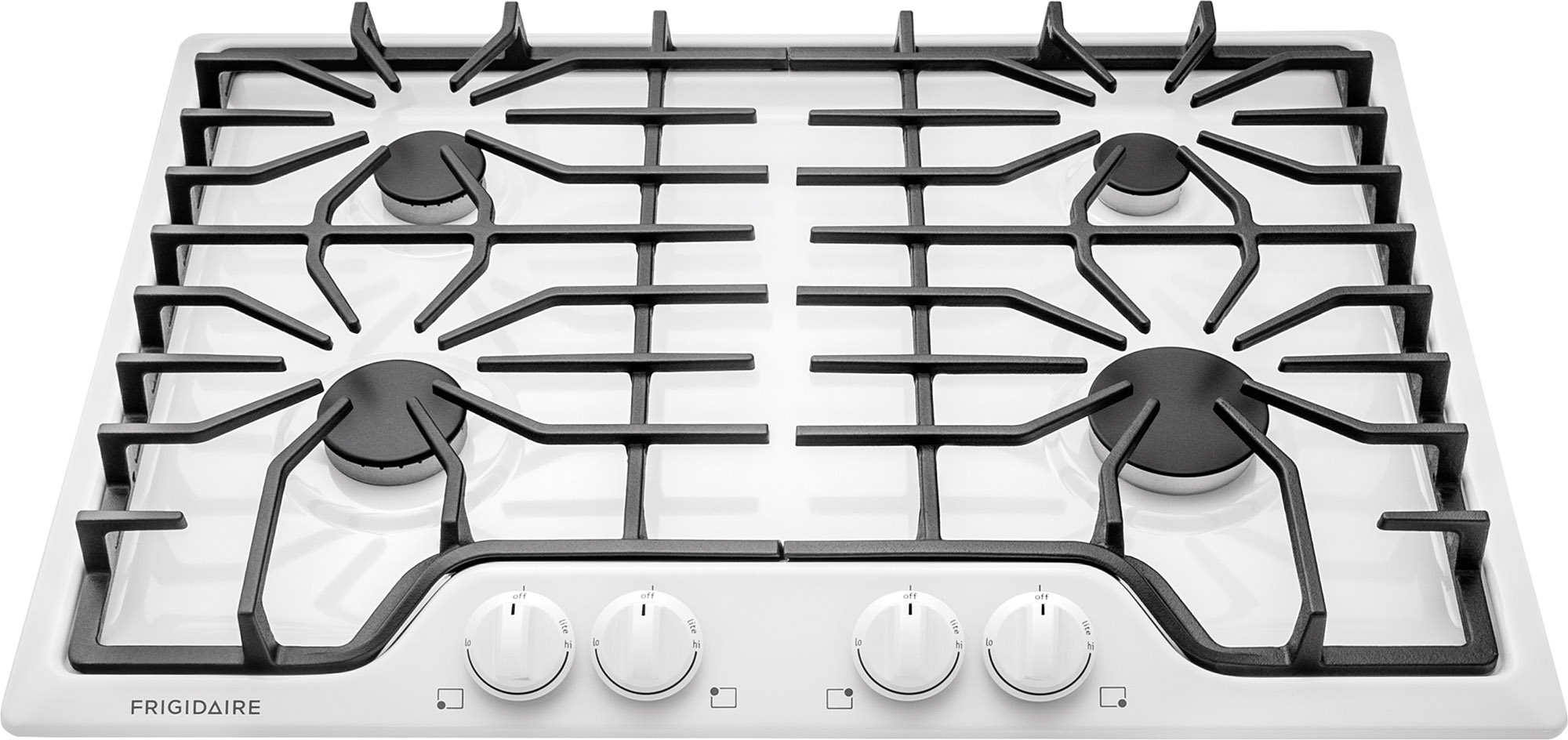 Overhead look at the Frigidaire FFGC3026SW 30” white gas cooktop 