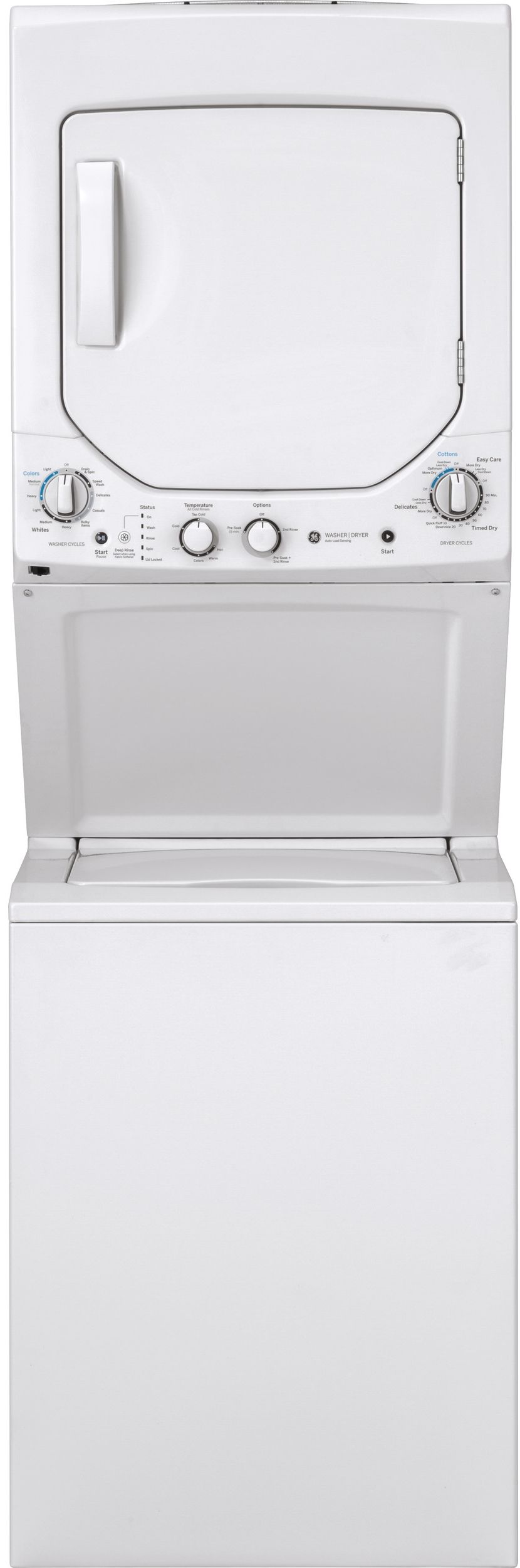 GE® Unitized Spacemaker® 2.3 Cu. Ft. Washer, 4.4 Cu. Ft. Dyer White On White Stack Laundry