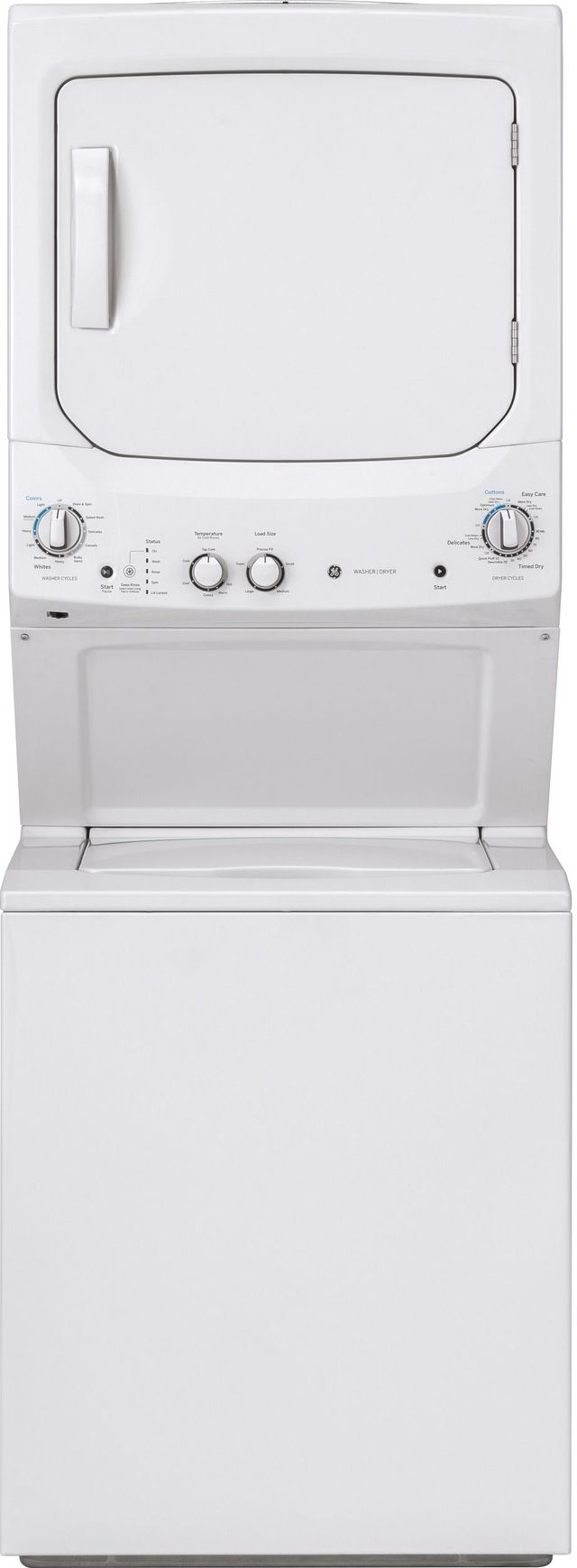 GE® Unitized Spacemaker® 3.8 Cu. Ft. Washer, 5.9 Cu. Ft. Dryer White On White Gas Stack Laundry 0