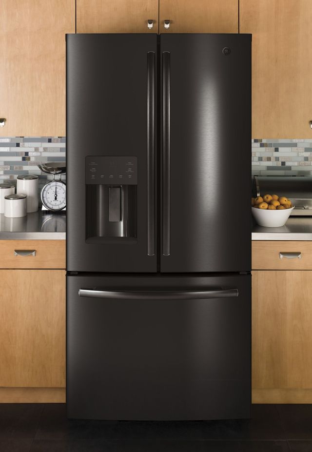 GE® 17.5 Cu. Ft. Counter Depth French Door Refrigerator-Black Stainless Steel 1