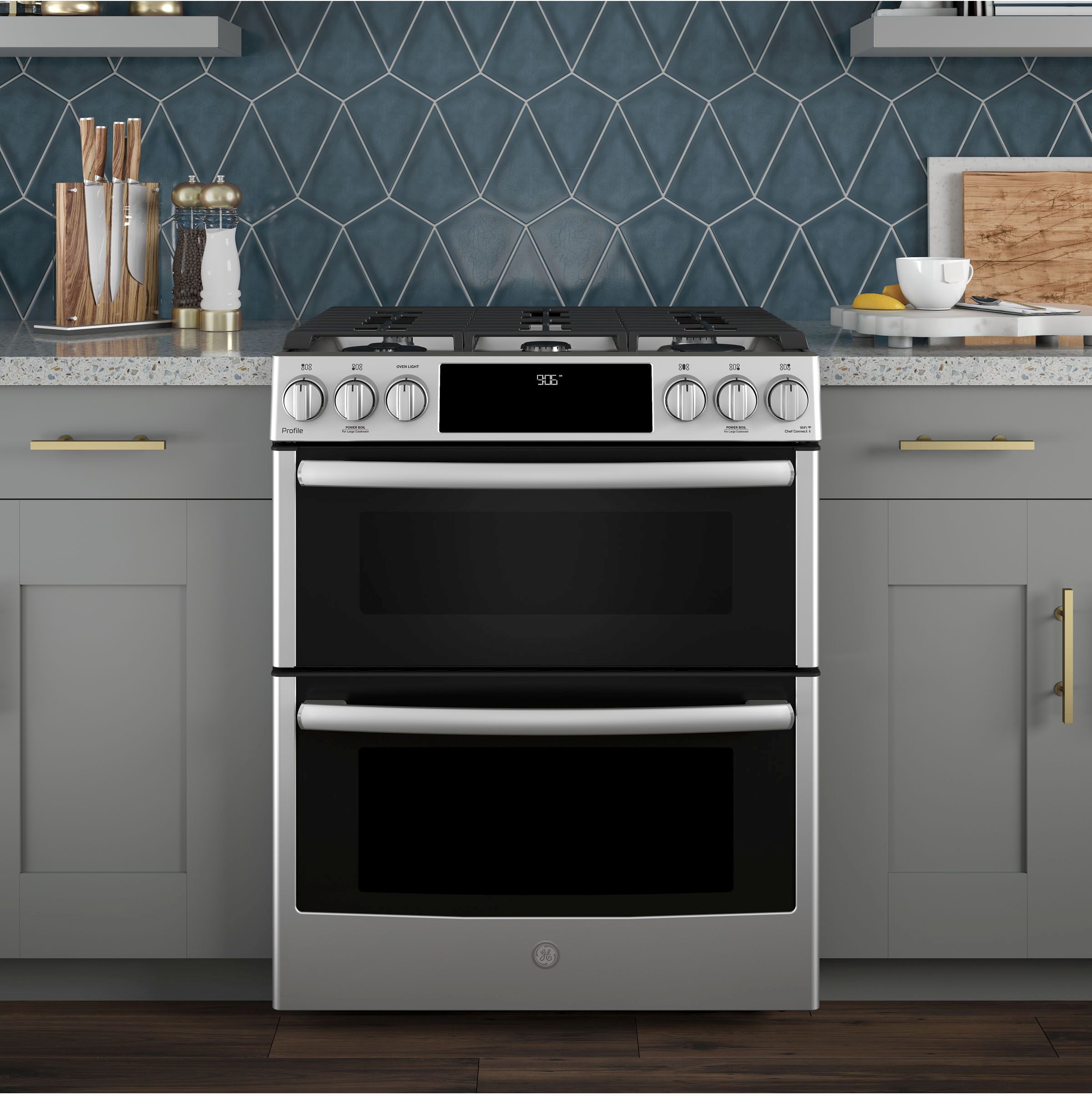 GE Profile™ 30" Slide-In Front Control Gas Double Oven Convection Range ...