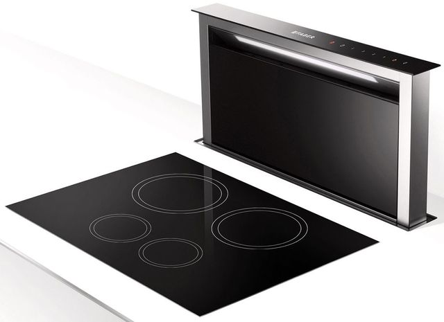 Faber Hoods Scirocco Lux 30” Black Glass with Stainless Steel Downdraft Range Hood