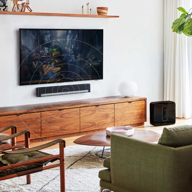 Sonos sound bar and home theater system in living room