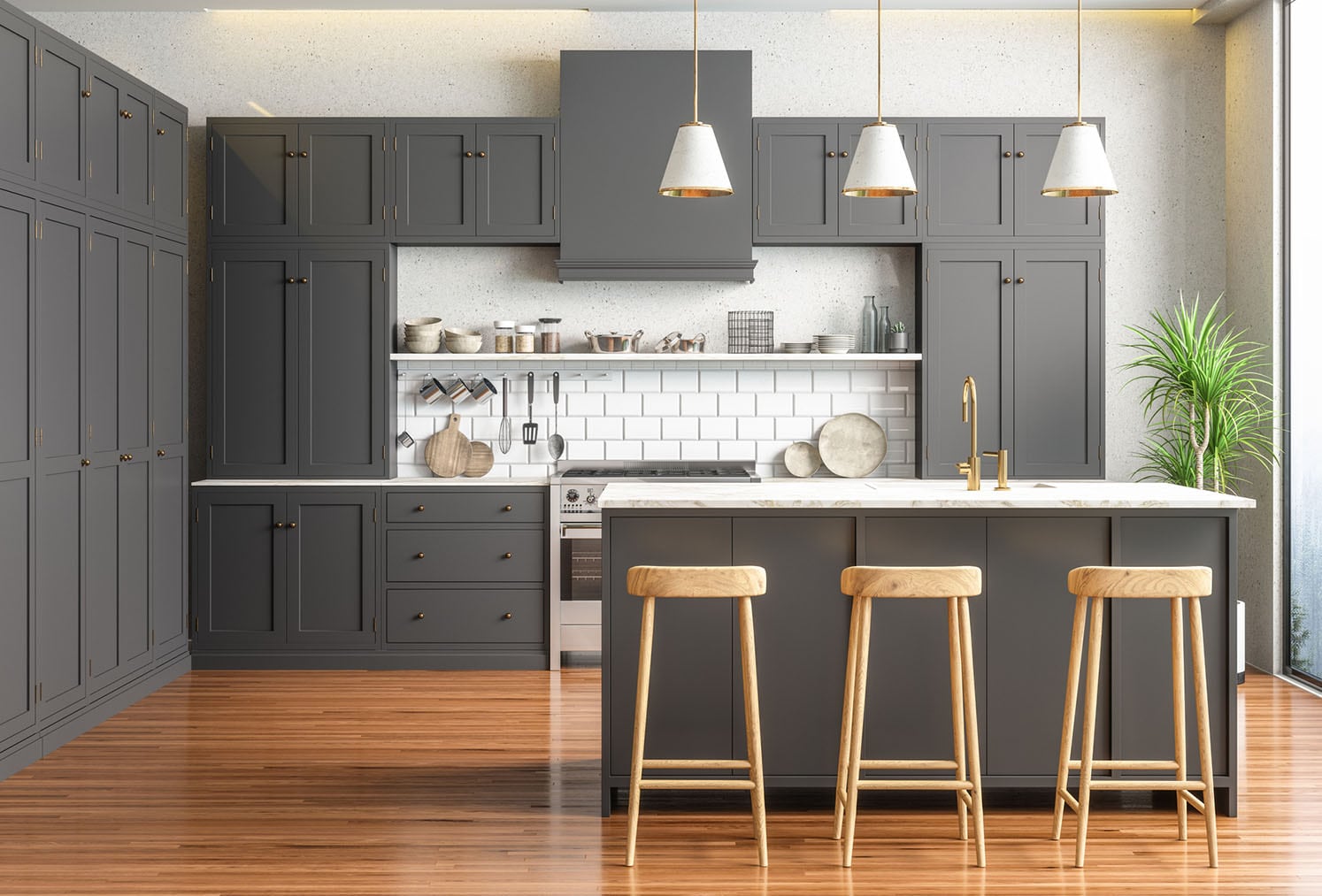 Modern kitchen with grey cabinets and door hardware