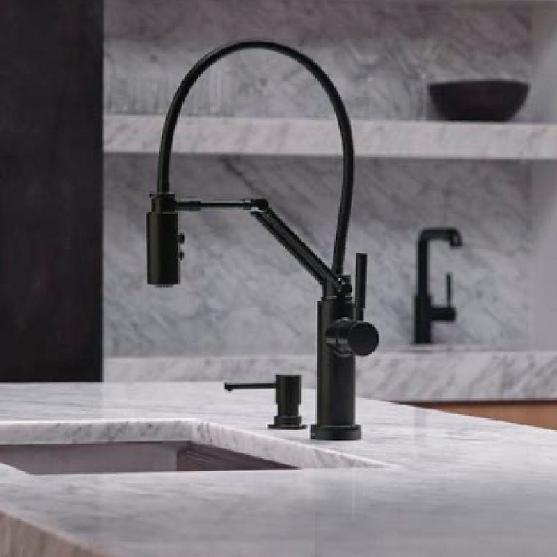 black kitchen faucet with marble countertop